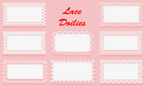 Set of Decorative White lace Doilies. Openwork rectangular frame on a pink background. Vintage Paper Cutout Design. Set of Decorative White lace Doilies. Openwork rectangular frame on a pink background. Vintage Paper Cutout Design. Vector illustration scalloped illustration technique stock illustrations