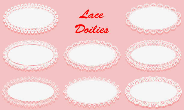 Set of Decorative White lace Doilies. Openwork Oval frame on a pink background. Vintage Paper Cutout Design. Set of Decorative White lace Doilies. Openwork Oval frame on a pink background. Vintage Paper Cutout Design. Vector illustration lace doily crochet craft product stock illustrations