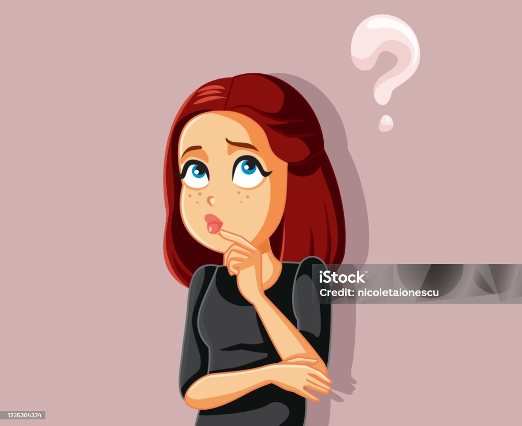 Funny Cartoon Girl Thinking Having Many Questions Stock ...