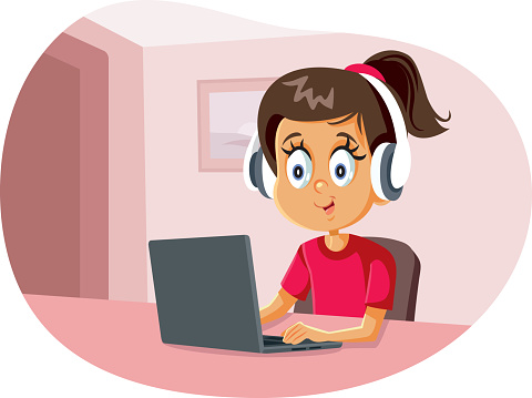 Cartoon Girl Wearing Headphones Using Laptop Stock Illustration - Download  Image Now - Teenage Girls, Computer, Music - iStock