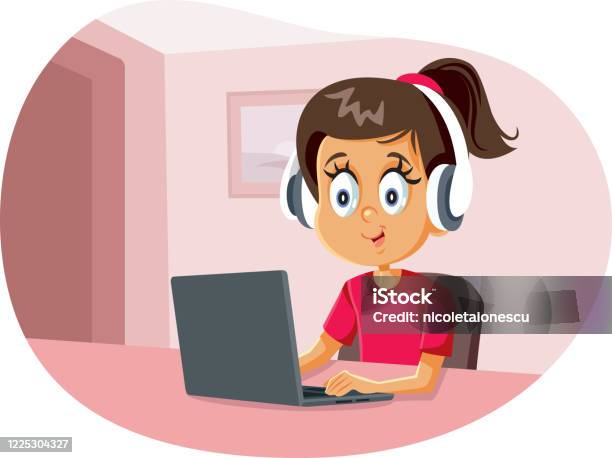 Cartoon Girl Wearing Headphones Using Laptop Stock Illustration - Download  Image Now - Teenage Girls, Computer, Music - iStock