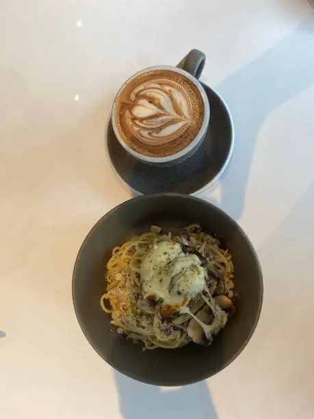 Mocha coffee with pasta in white sauce