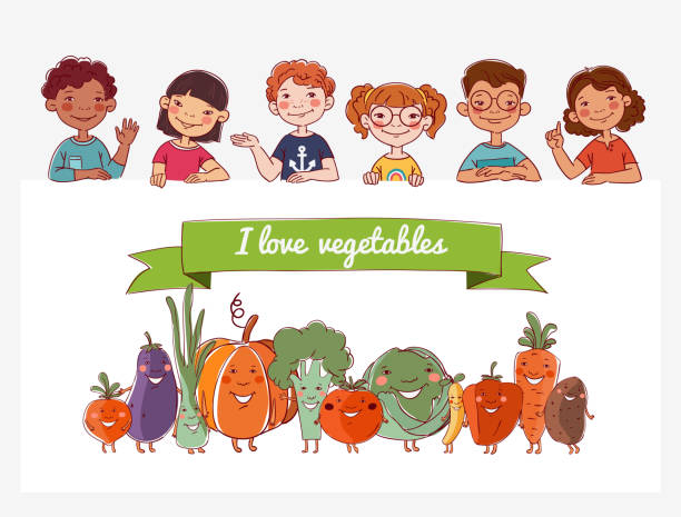 ilustrações de stock, clip art, desenhos animados e ícones de group of friendly kids with fresh vegetables: cabbage, potato, tomato, carrot, eggplant, pumpkin, pepper, broccoli, beet, onion and pea in cartoon style - beet vegetable box crate