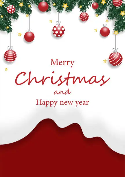 Vector illustration of Christmas tree branches with Christmas decorations balls, Gold stars on snow-white shape, and red background.