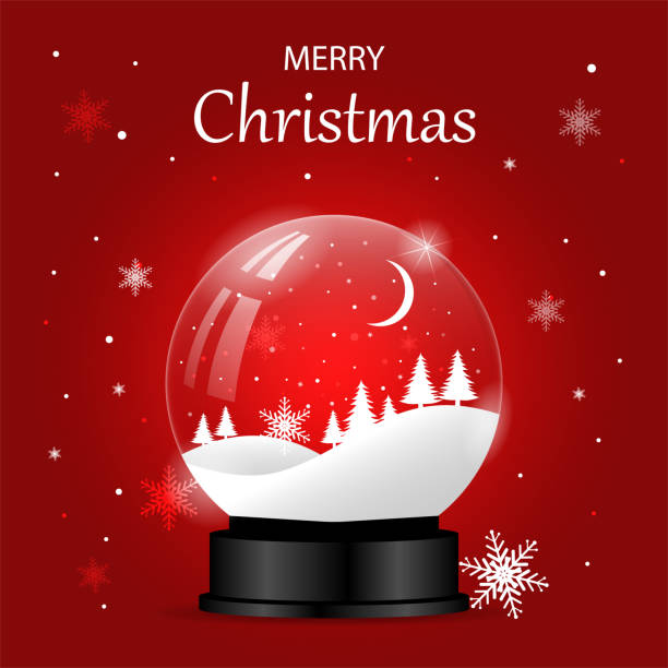 istock Glass Christmas ball with Christmas tree and snow inside. Design on red background. Vector illustration. Christmas Crystal Snow Globe. 1225308481