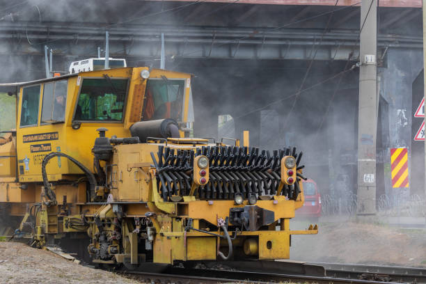 Kyiv Ukraine - April 27 2020:  Technical railway train for the repair of the railway line. Reconstruction of the railway line.