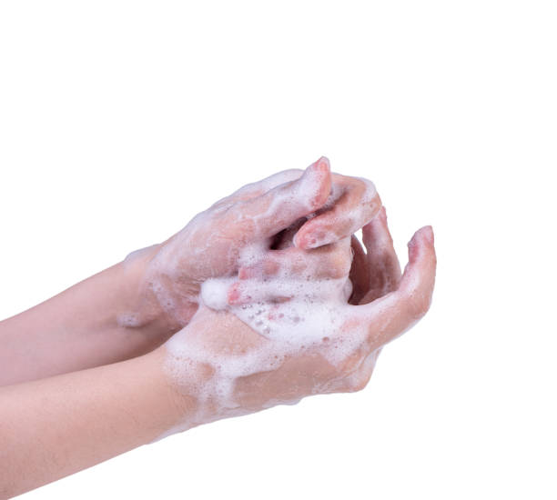 istock Washing hand step instruction isolated on white background. Asian young woman using liquid soap, concept of protecting pandemic coronavirus, close up. 1225313692