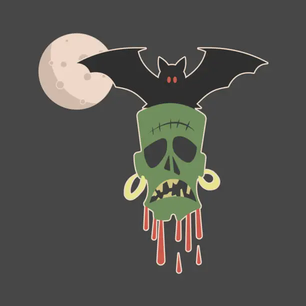 Vector illustration of Cartoon of a spooky halloween bat carrying a zombie head in the moonlight.