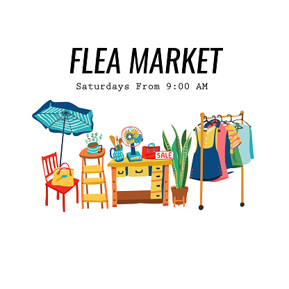 Colorful doodle second hand shop at weekend flea market poster or banner, all on white background, illustration, vector.