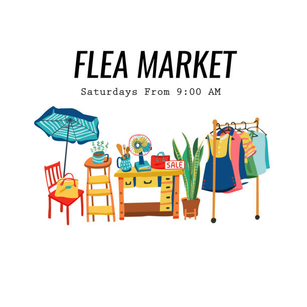 Doodle flea market poster 2 Colorful doodle second hand shop at weekend flea market poster or banner, all on white background, illustration, vector. fashion bazaar stock illustrations