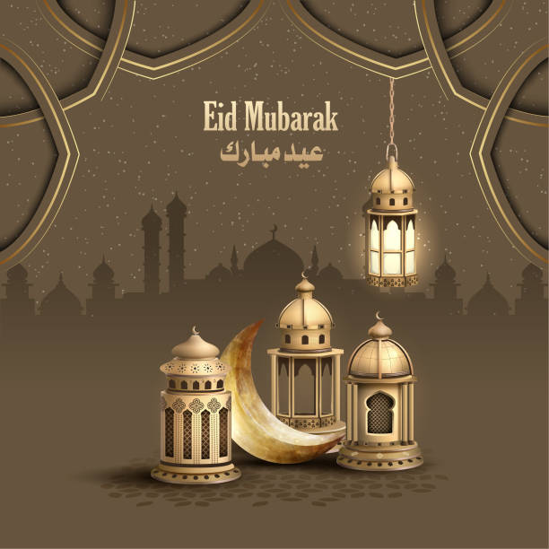 istock islamic greeting eid mubarak card design background with beautiful lanterns and crescent 1225318034