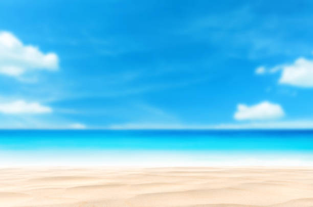 istock Copy space blur tropical beach with bokeh sun light wave on blue sky and white cloud abstract background. 1225318759