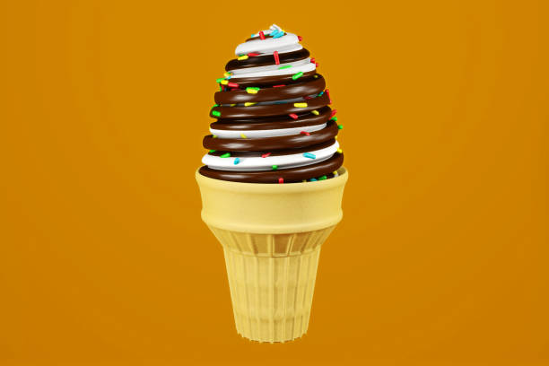 istock Vanilla and chocolate soft serve ice cream with rainbow crispy sugar and wafer cone, 3D rendering 1225318921