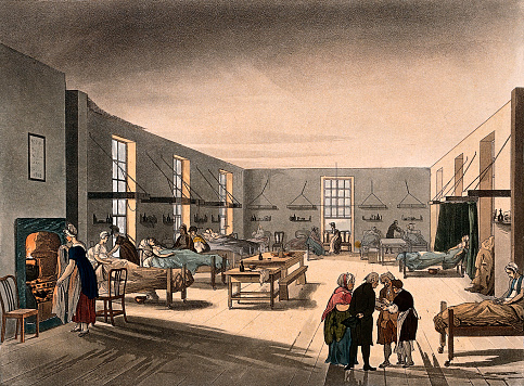Vintage illustration features several patients being cared for in a ward in the Middlesex Hospital in London. The Middlesex Infirmary was founded in 1754 for the sick and lame, and cancer patients.