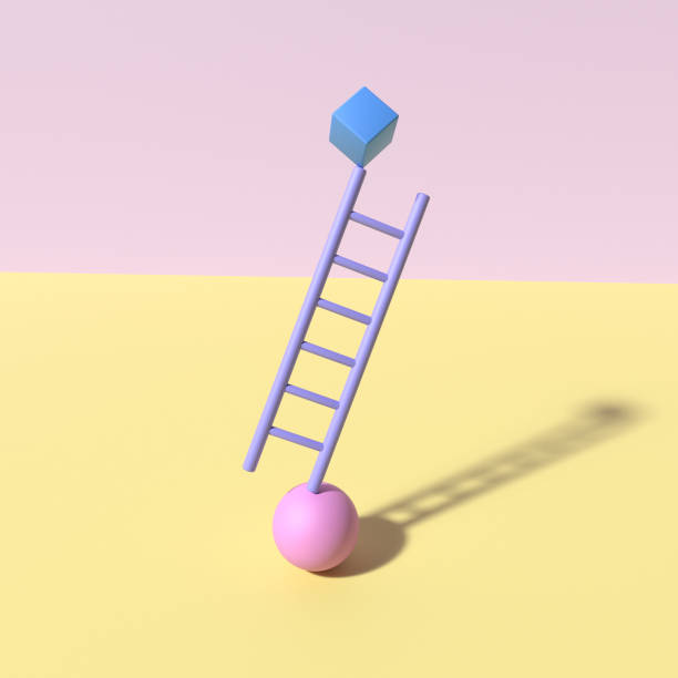 istock Abstract poster style with colorful geometric elements. Ladder, cube and ball balance. 3D rendering objects shape. Minimal 1225326275