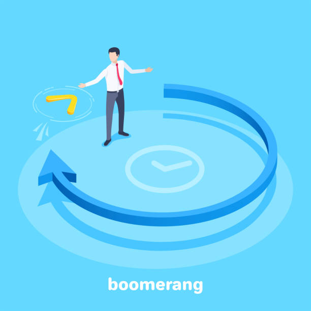 boomerang isometric vector image on a blue background, a blue arrow going in a circle and a man catches a boomerang flying towards him boomerang stock illustrations