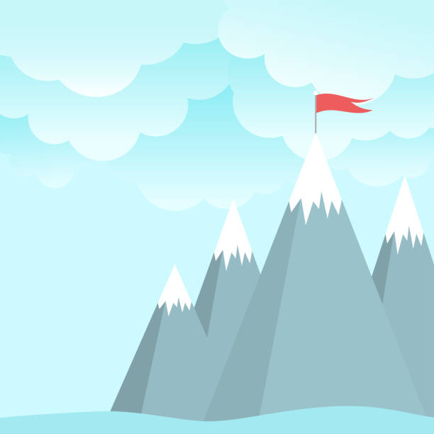 istock Red flag on a mountain peak. success, high results symbol. Landscape with mountains and clouds. 1225327524