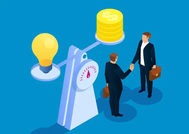 Vector illustration of Money and light bulbs are balanced on the scale, the value of creativity, the transaction of creativity and money