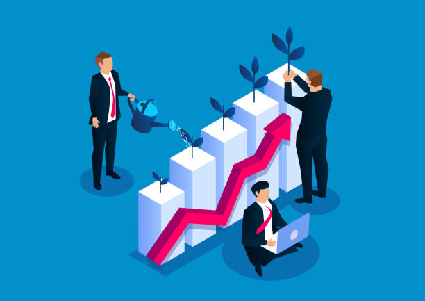 Businessman planting small sapling on watering bar chart, business investment income growth, grow your business Businessman planting small sapling on watering bar chart, business investment income growth, grow your business survival tools stock illustrations