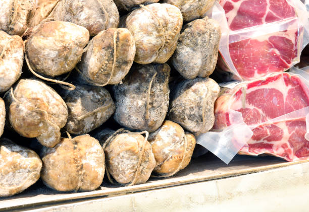 cured meats and cured meats for sale in the market stall