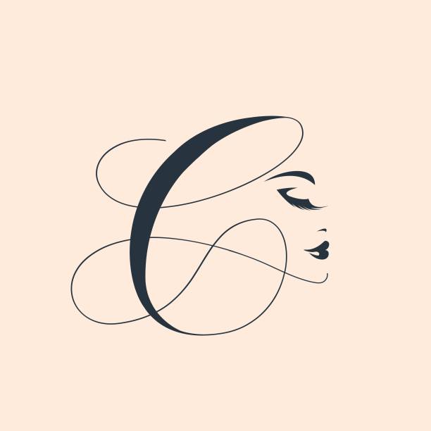 Beautiful woman face and calligraphic letter C.Makeup and beauty salon typographic logo.Lettering sign. Alphabet initial and profile view female portrait.Luxury, elegant style icon. makeup fashion stock illustrations