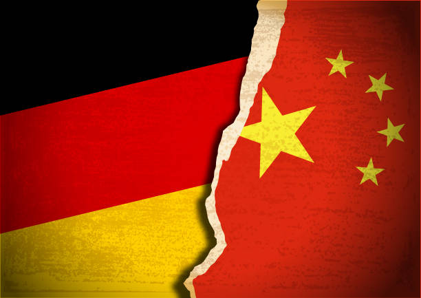 Vector of Conflict concept with Flag of Germany and China on grunge textured background. EPS Ai 10 file format.