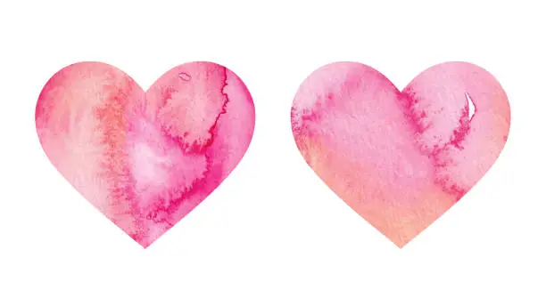 Vector illustration of Coral Pink Watercolour Painted Heart Shapes