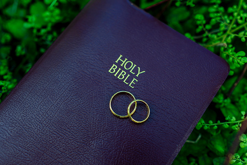 Wedding rings on top of the Holy Bible stock photos