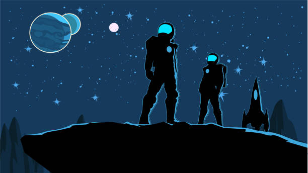 Vector Astronaut Couple Silhouette in Space Stock illustration A silhouette style vector illustration of a couple of astronaut on a distant planet in outer space. Wide space available for your copy. astronaut silhouettes stock illustrations
