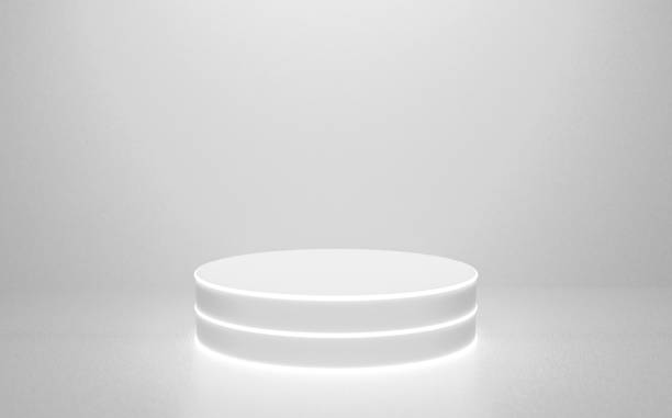 istock 3d white podium abstract background with neon shining light for banner, display on website. Round pedestal isolated on white background with glow light. luxury minimal interior. White cylinder. 1225338417