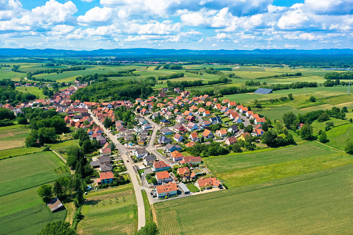 Aerial drone shot of the peaceful village Neewiller in Alsace, France