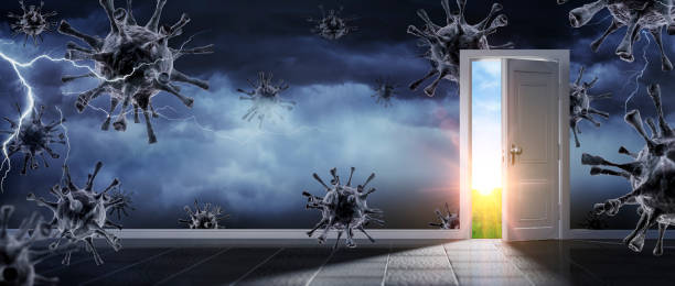 Open Door To New Normality - Exit From Stormy Room With Coronavirus Open Door To New Normality - Exit From Stormy Room With Coronavirus light at the end of the tunnel photos stock pictures, royalty-free photos & images