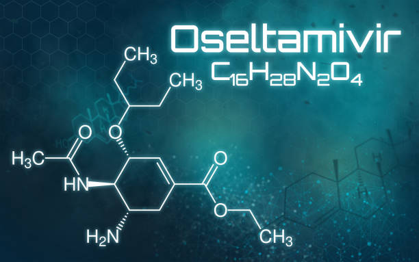 istock Chemical formula of  Oseltamivir on a futuristic background 1225339607