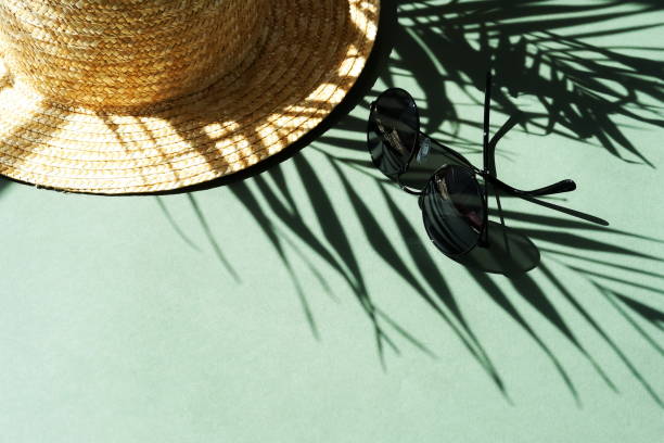 istock sunglasses, straw hat and floral palm shadows on mint background top view. Flat lay creative fashion  lifestyle . 1225339639