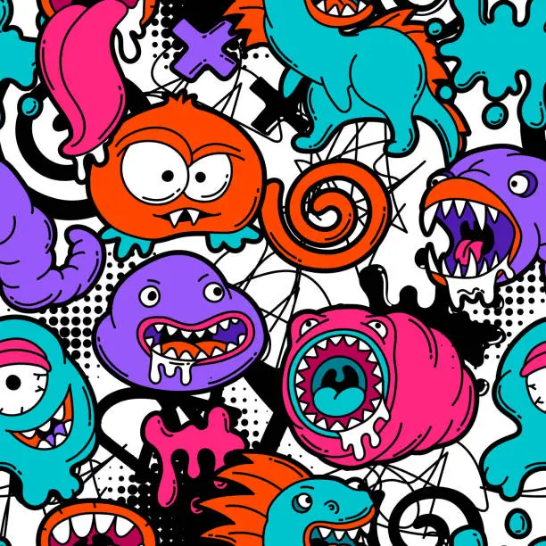 Vector illustration of Seamless pattern with cartoon monsters.