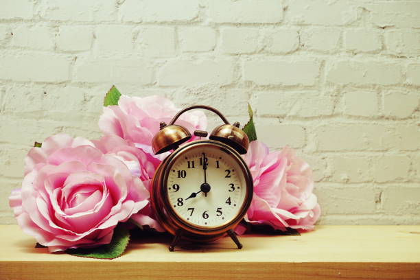 istock Alarm clock with flower decorative on white brick wall background 1225345957