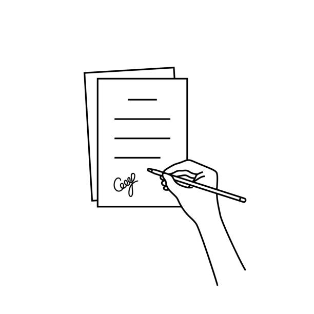 ilustrações, clipart, desenhos animados e ícones de mão linha fina com documento assinado - legal system document report examining