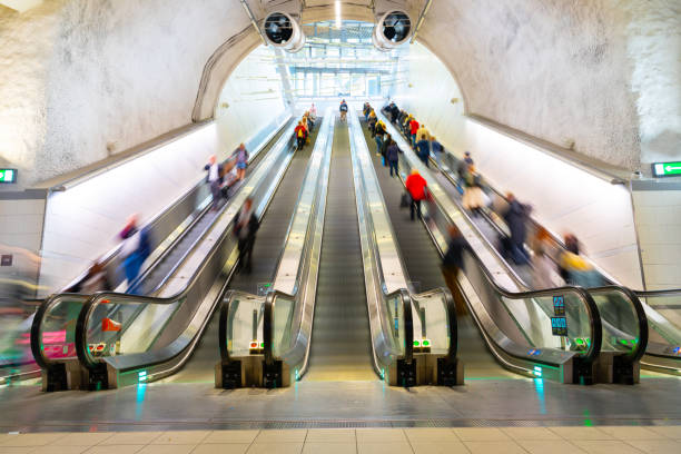 istock Blurred motion, train station platform escalators, Stockholm city 1225347235