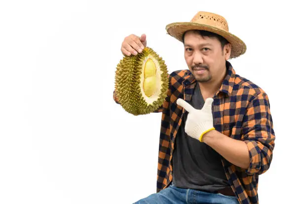 Photo of king of fruit in Thailand , Asian man farmer holding Mon Thong Durian isolated