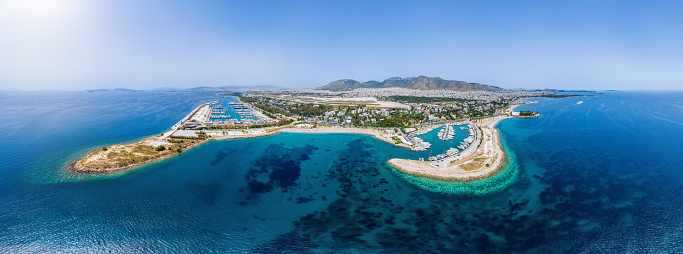 Panoramic aerial view of the popular district Glyfada and Elliniko in Athens, Greece, with luxury yacht marinas, fine beaches and turqoise sea