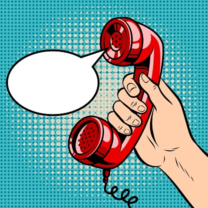 Hand holding red phone handset and empty speech bubble. Pop art vector retro illustration.