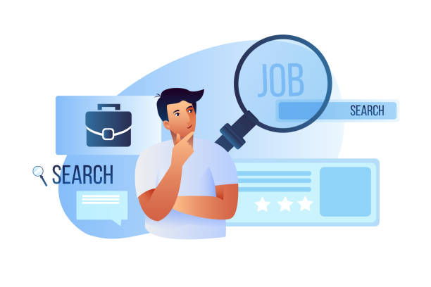 ilustraciones, imágenes clip art, dibujos animados e iconos de stock de ilustración vectorial con un joven freelancer masculino que busca trabajo en línea durante la crisis. - thinking professional occupation unemployment job search