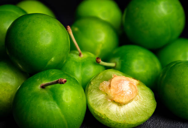 istock green sour plum. Greengage on white background. 1225348385
