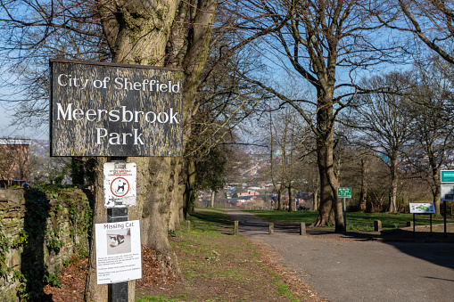 Sheffield, England - April 5, 2020: An old sign board in Meersbrook Park in Sheffield.
