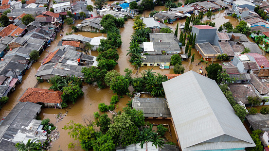 Vista aérea POV Representación de la inundación. devastación causada después de desastres naturales masivos photo