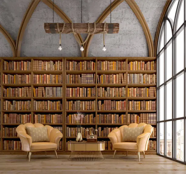 Photo of Old bookcase with leather armchair near window in reading room or library.Vintage style.3d rendering
