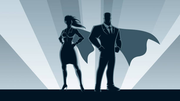 Superhero Business Couple Super businessman and super businesswoman posing in front of light. superhero clip art stock illustrations