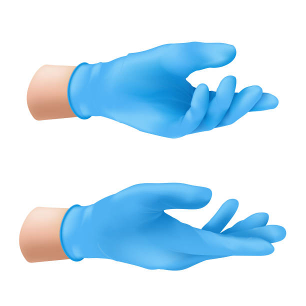 человеческие руки в синих латексных медицинских перчатках. реалистичная векторная иллюстрация стерильного резинового защитного гигиенич - hand in latex glove stock illustrations