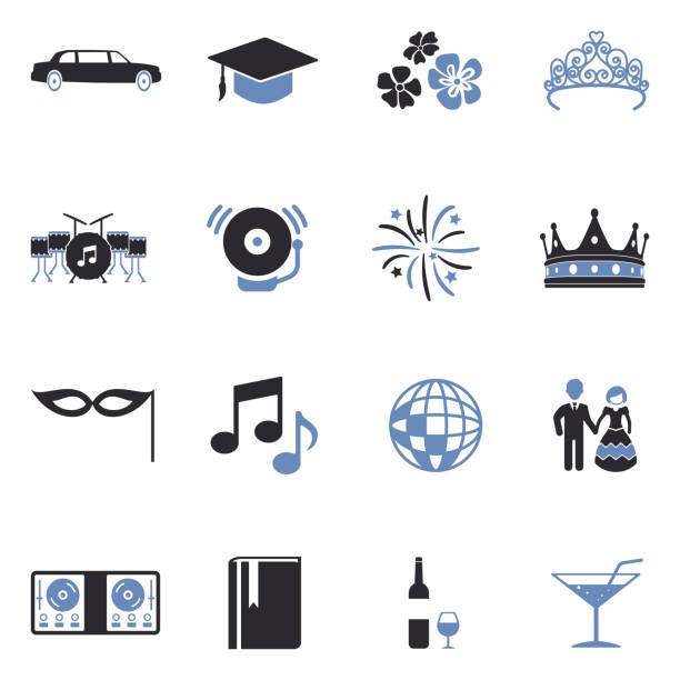 Prom Night Icons. Two Tone Flat Design. Vector Illustration. Dancing, School, Dating, Prom, Music prom stock illustrations