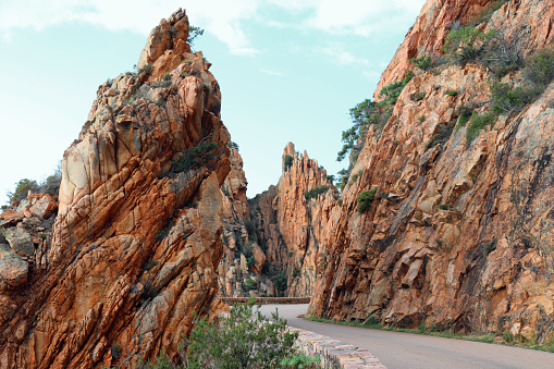 panoramic road called D81 which passes in the middle of the rocky rocks in the North of Corsica Island in France